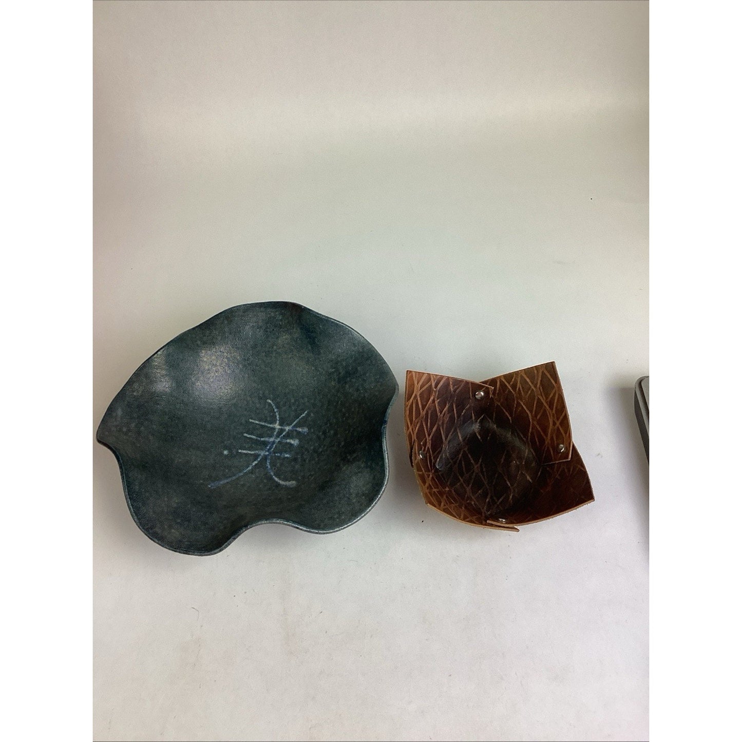 Set Of 2 Handmade Bowls - Blue Footed Ceramics W/ Scalloped Edges & Leather Bowl