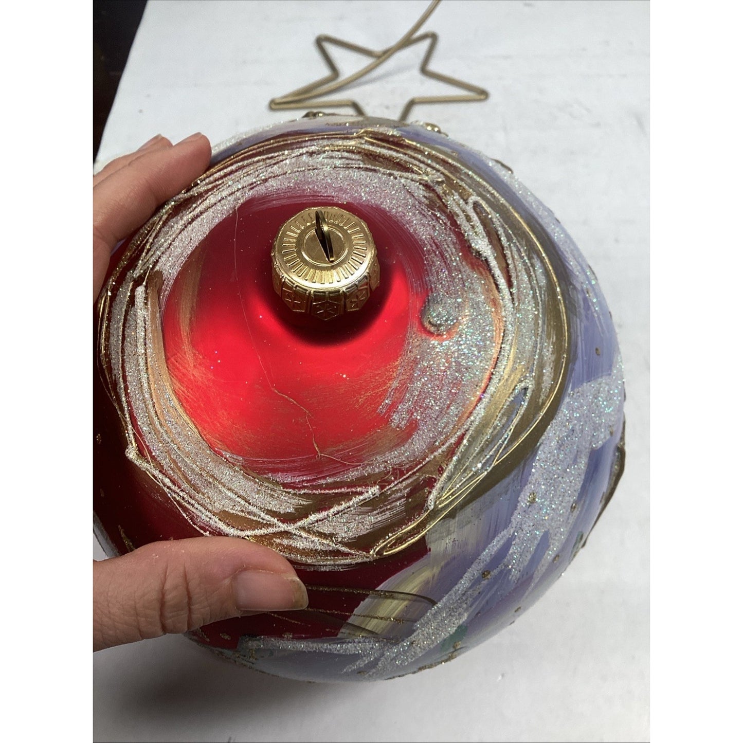 Hand Painted Large Glass Christmas Ball Ornament - Houses And Trees - Glitter -
