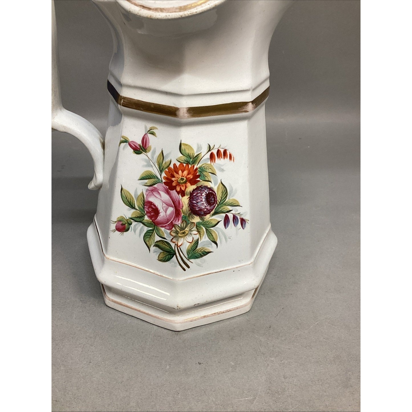Antique Superior White Granite W. Adam’s & Sons Porcelain Floral Pitcher