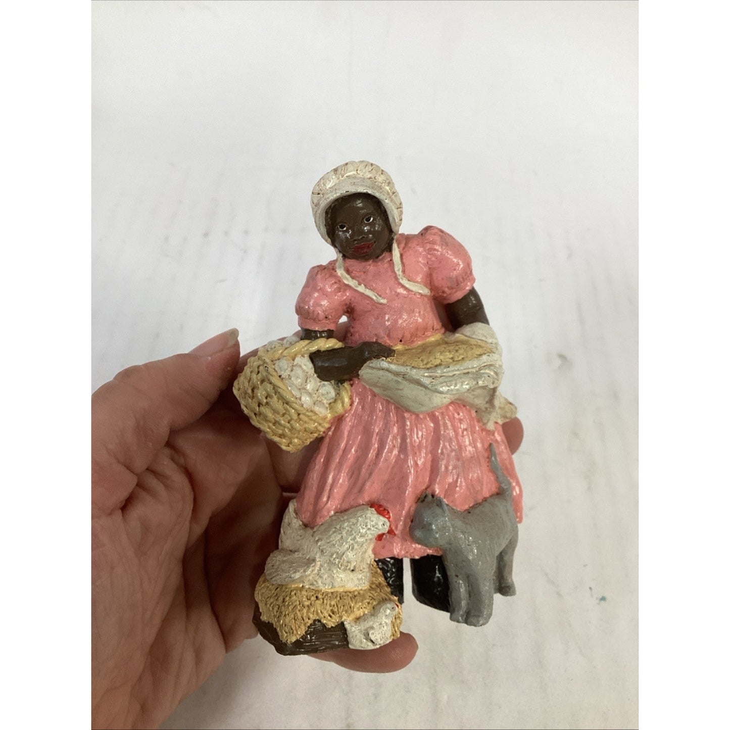 Vintage African American Woman Farmer Gathering Eggs Hen Cat Resin Figurine