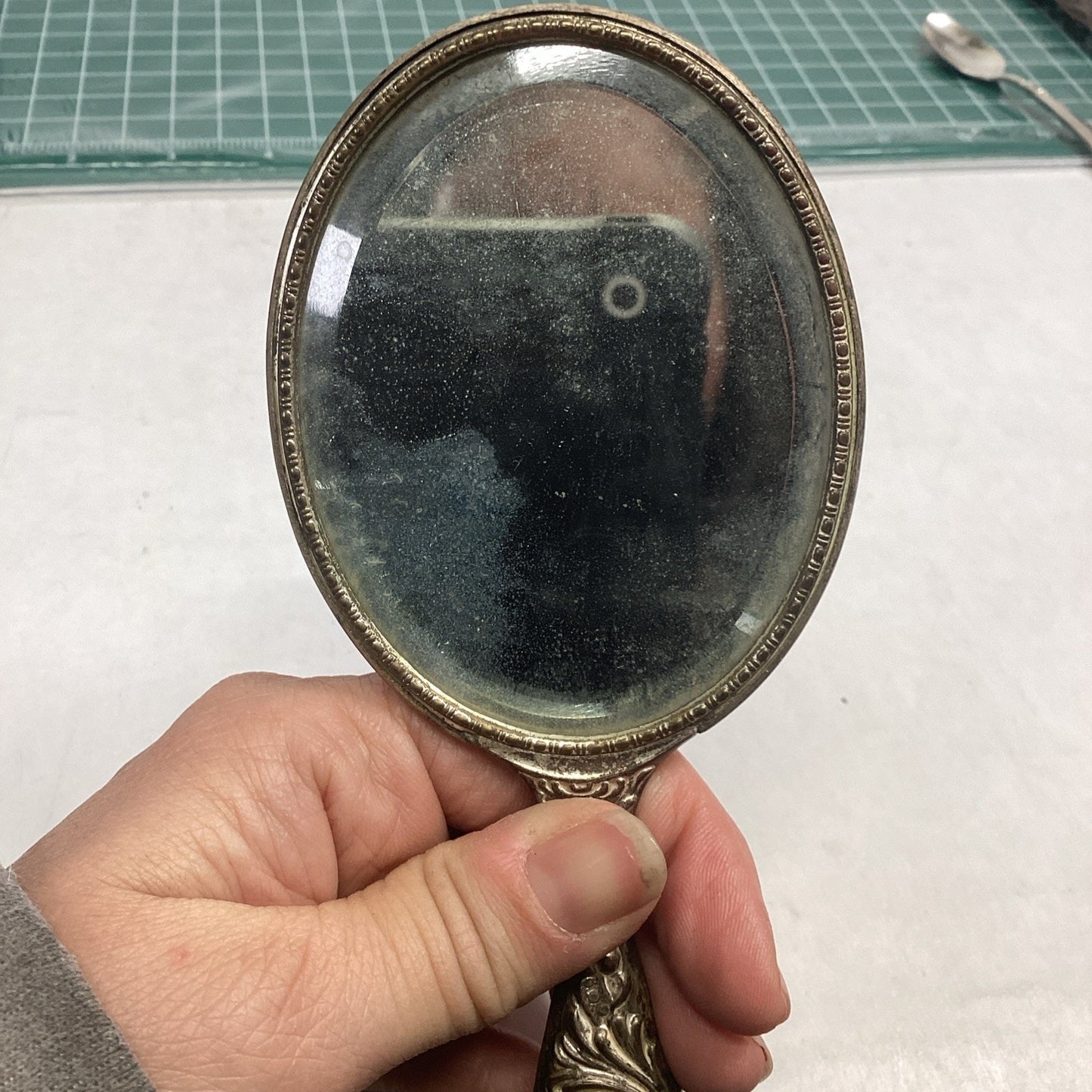 Antique Silver Plated Ornate Mirror - 6.5”L
