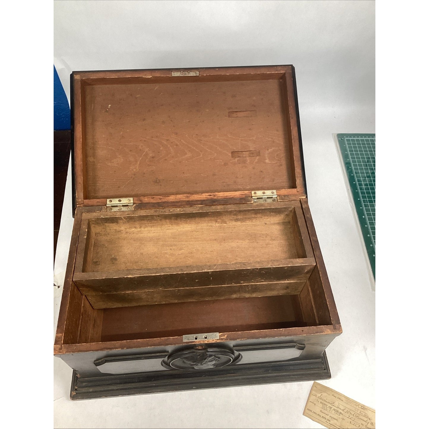 Antique 1880’s Victorian Wooden Document Chest W/ Carved Cameo & A 1913 Paper