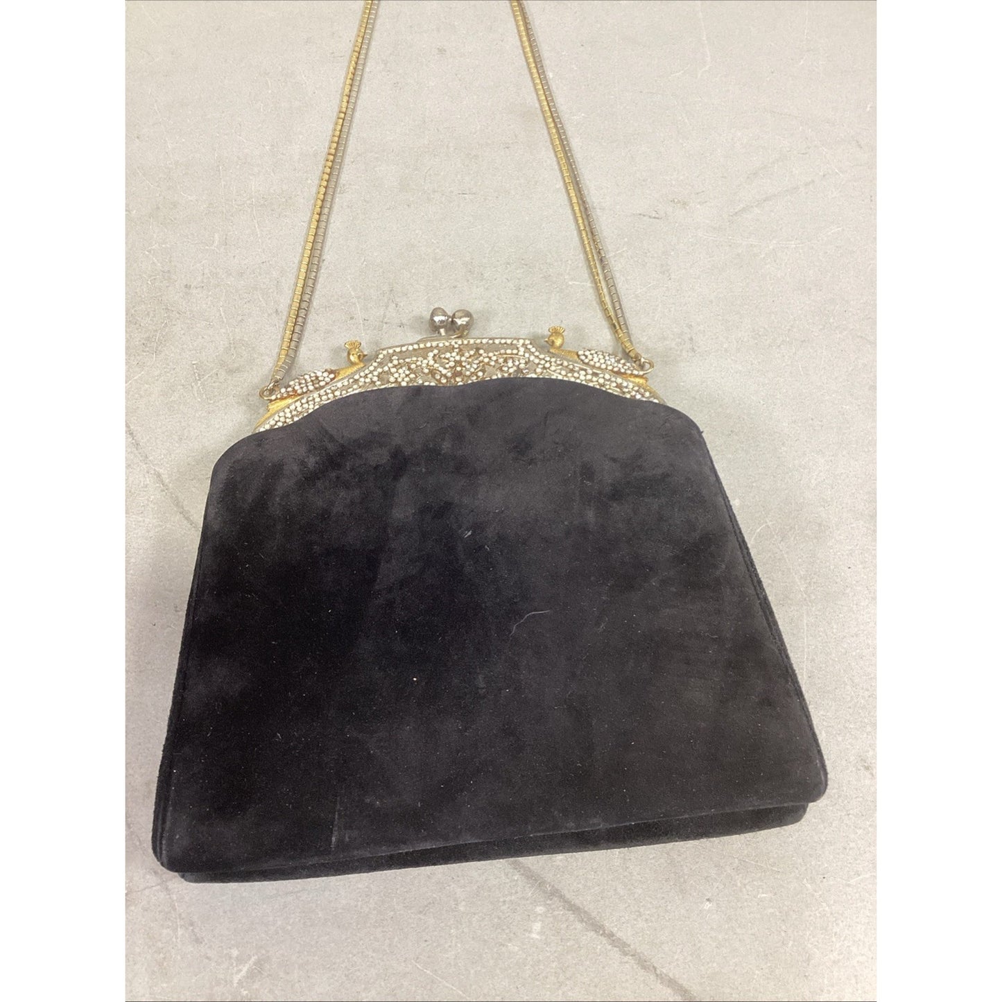 Vintage Rare Judith Lieberman Suede Purse W/ Mirror & Gold & Silver Handle Strap