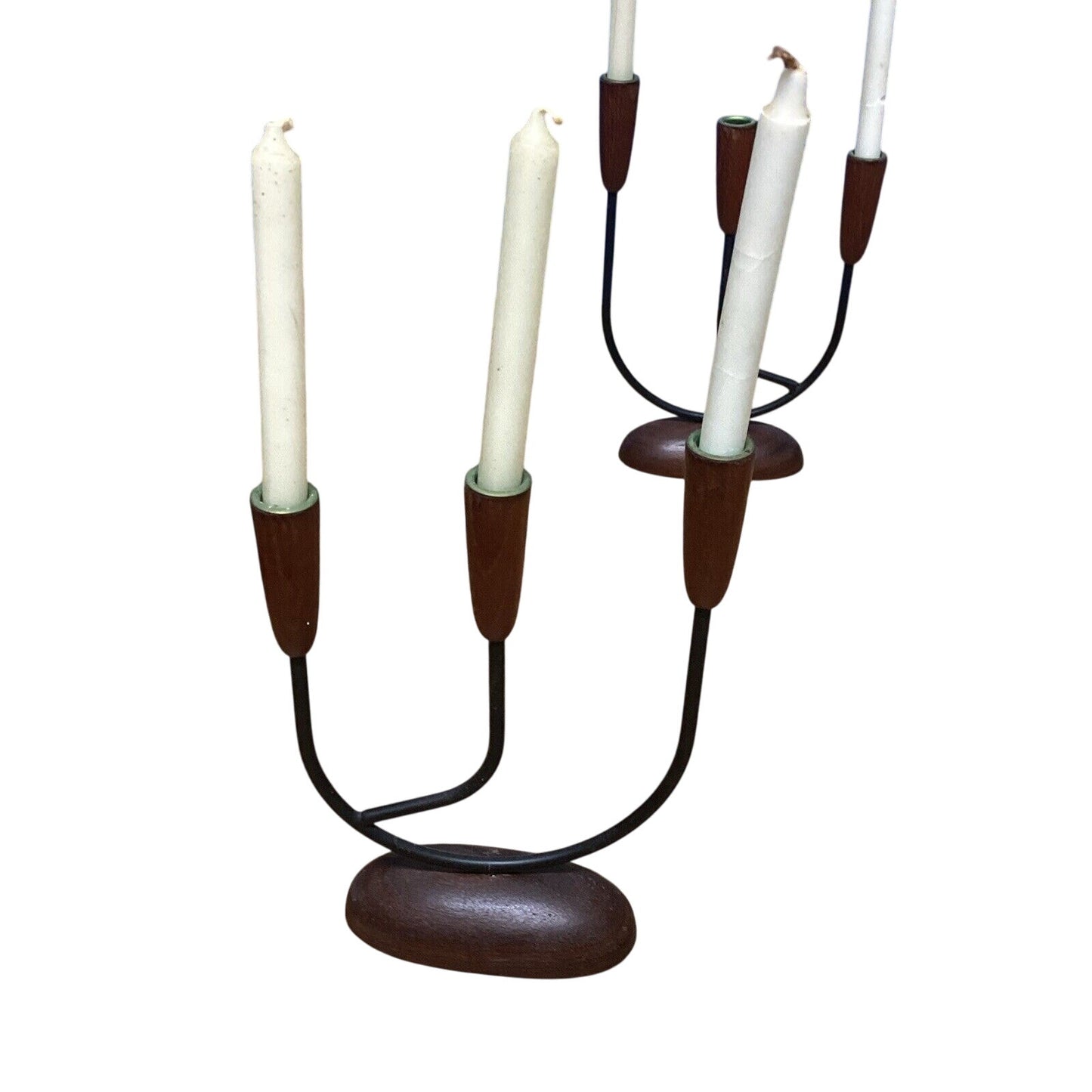 Set of 2 Vintage Danish Teak Wood & Metal Candelabras, 5 Candles & Holder