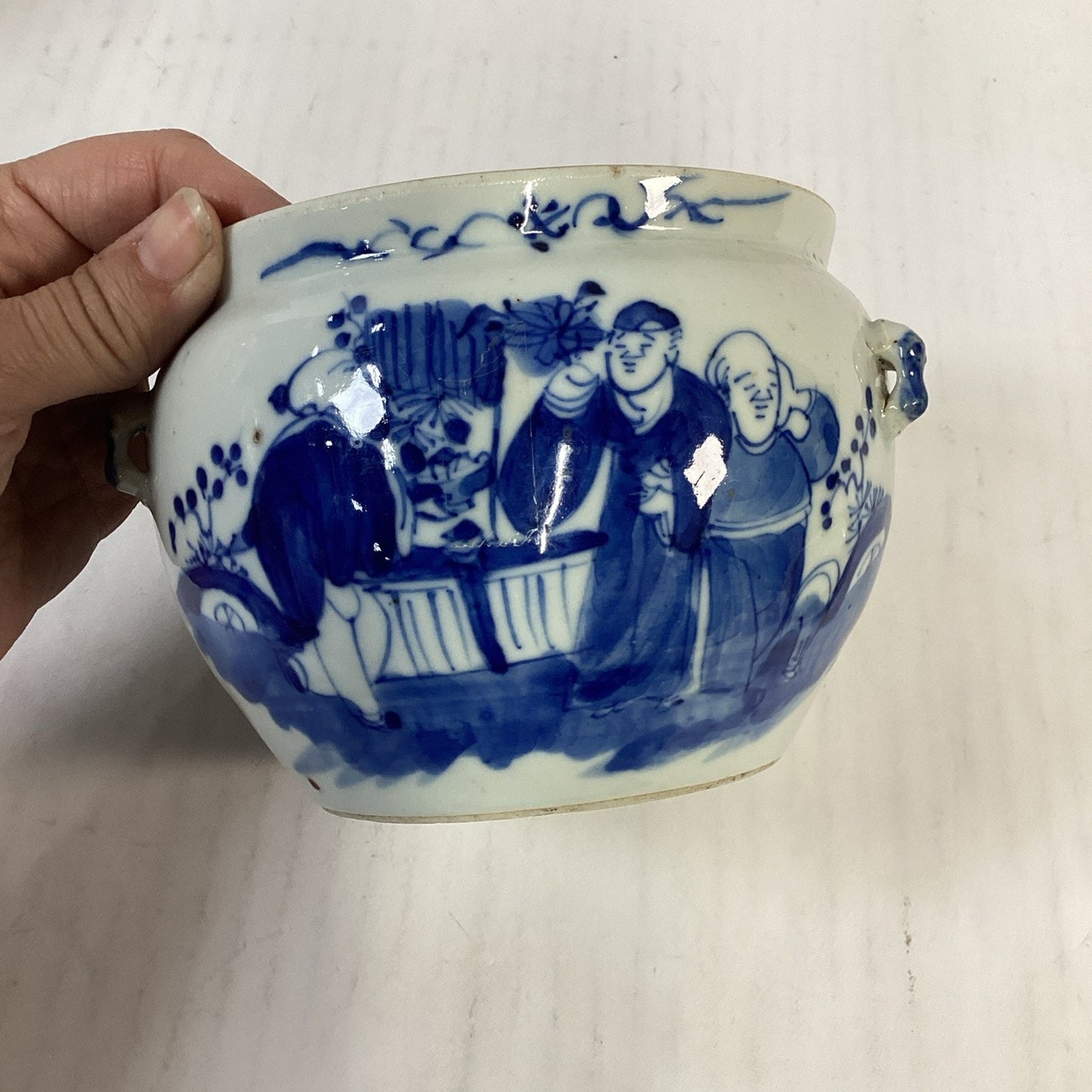 Antique 1851-1861 Chinese Blue And White Porcelain Kamcheng Covered Jar Qing Dyn