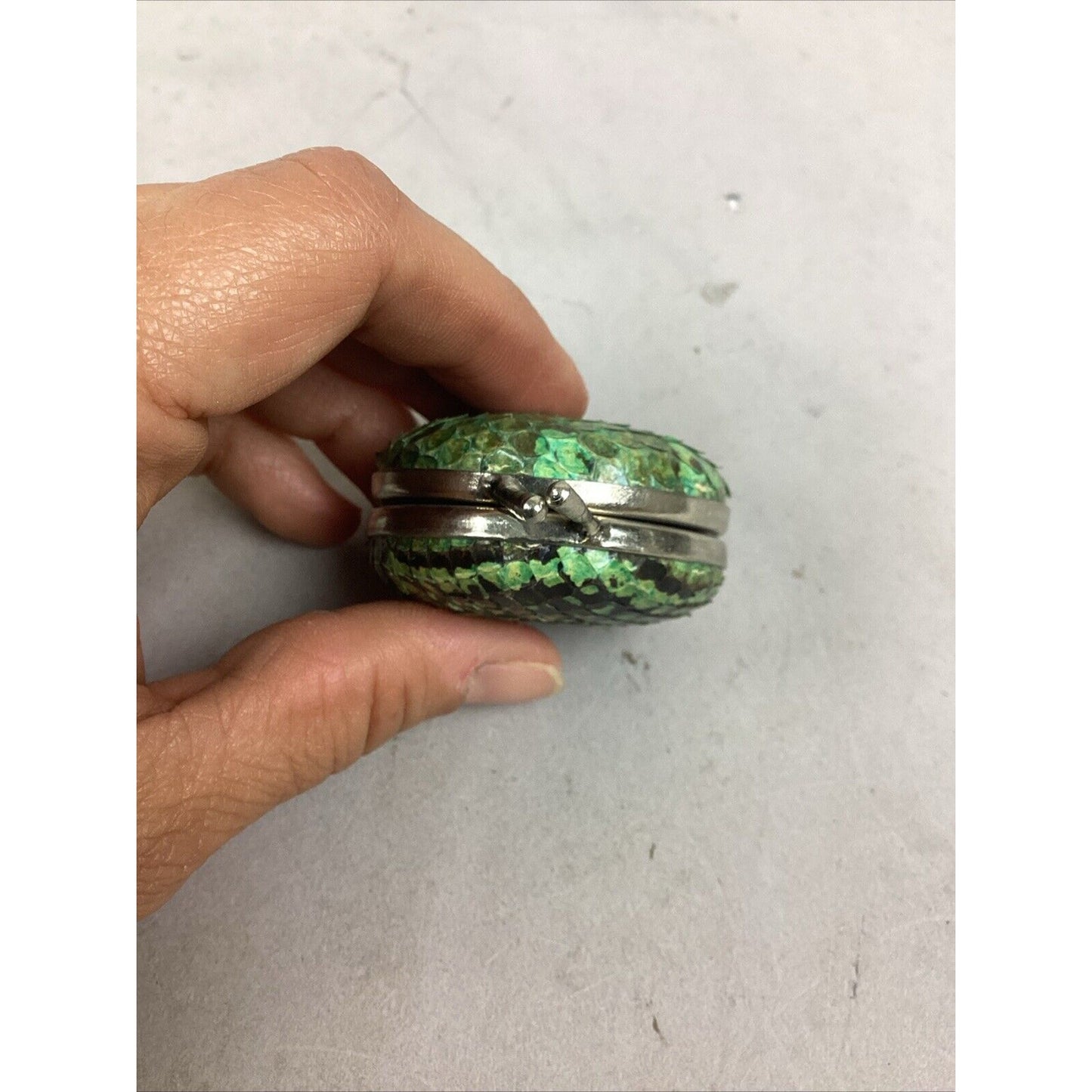 Vintage Green Snake Skin Looking Jewelry, Pill, Trinket Box - 1”Hx1.5”D