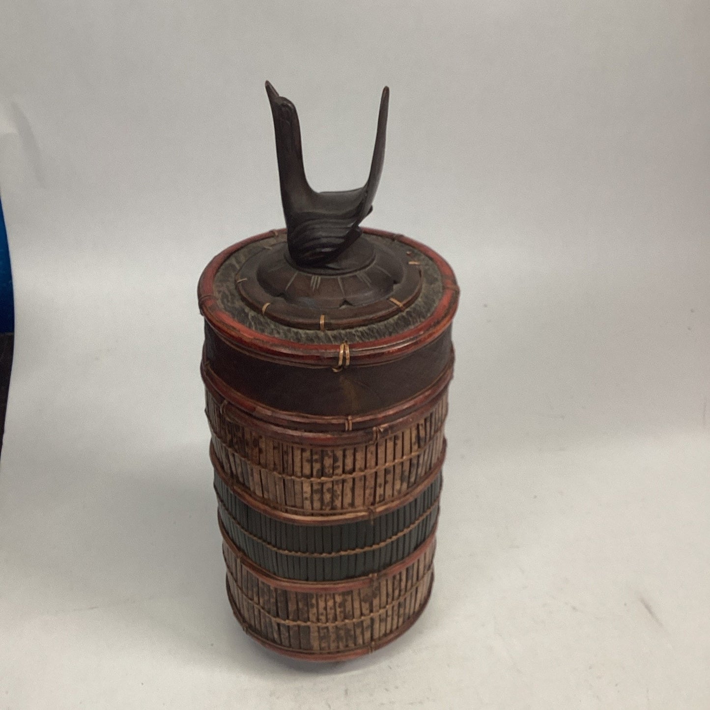 Indonesian / Balinese Handcrafted Carved Bamboo Crane Container With Lid - 12”H