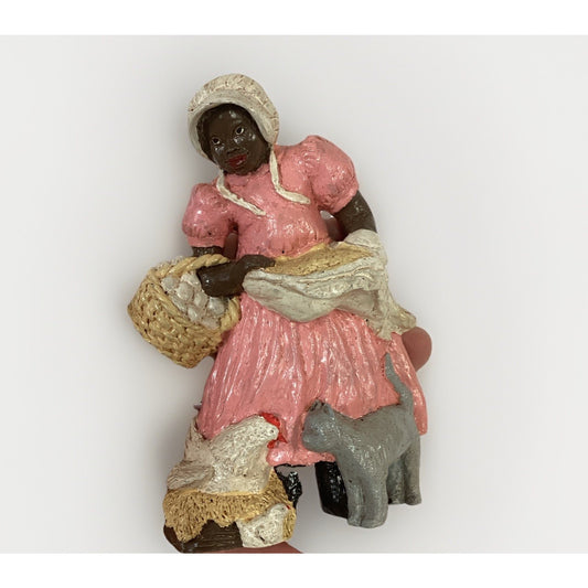Vintage African American Woman Farmer Gathering Eggs Hen Cat Resin Figurine