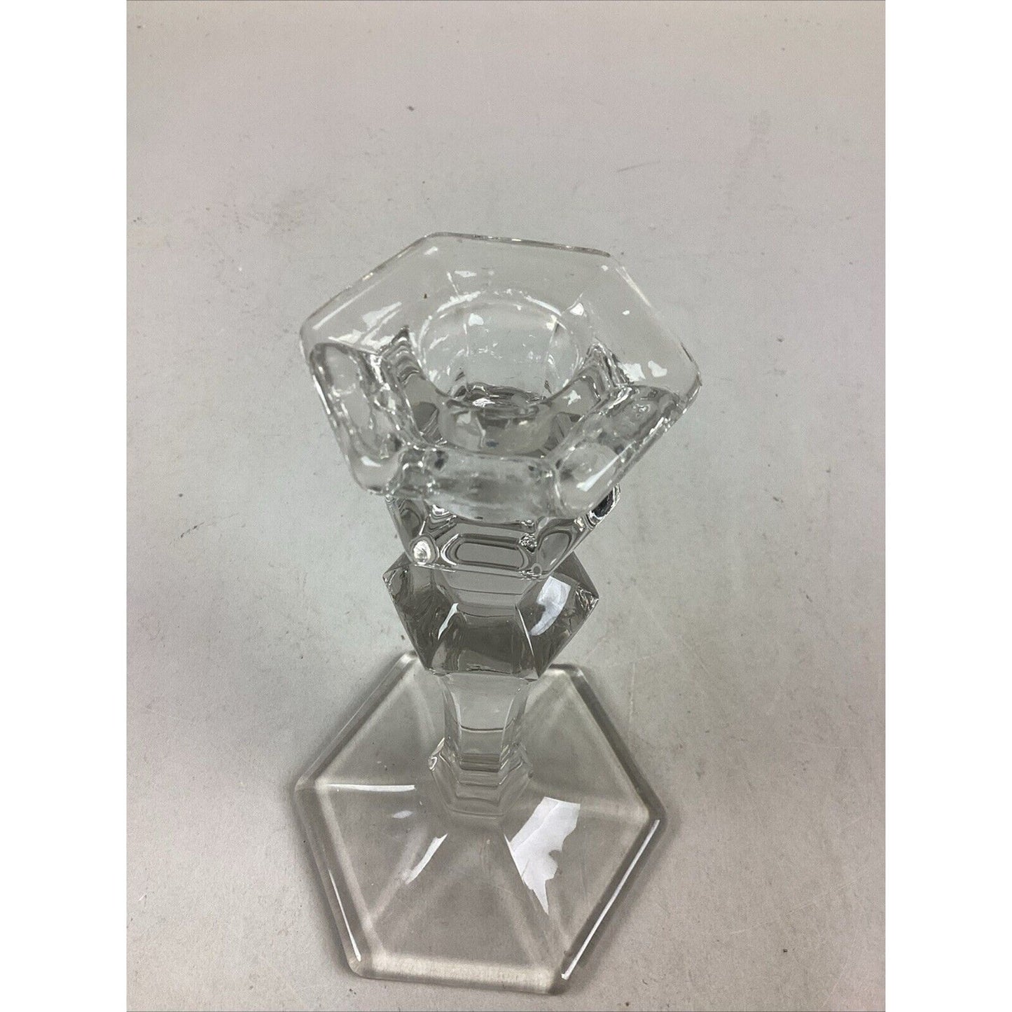 Elegant Clear Glass Candle Holder With Hexagon Base - 8”H