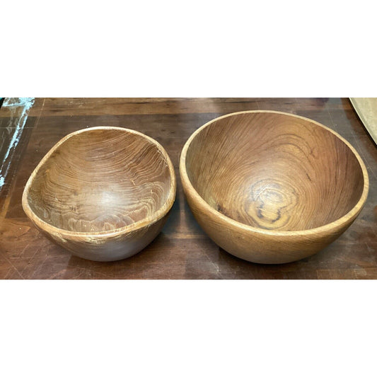 Set Of 2 Vintage Wooden Serving Salad Bowls - Medium & Large