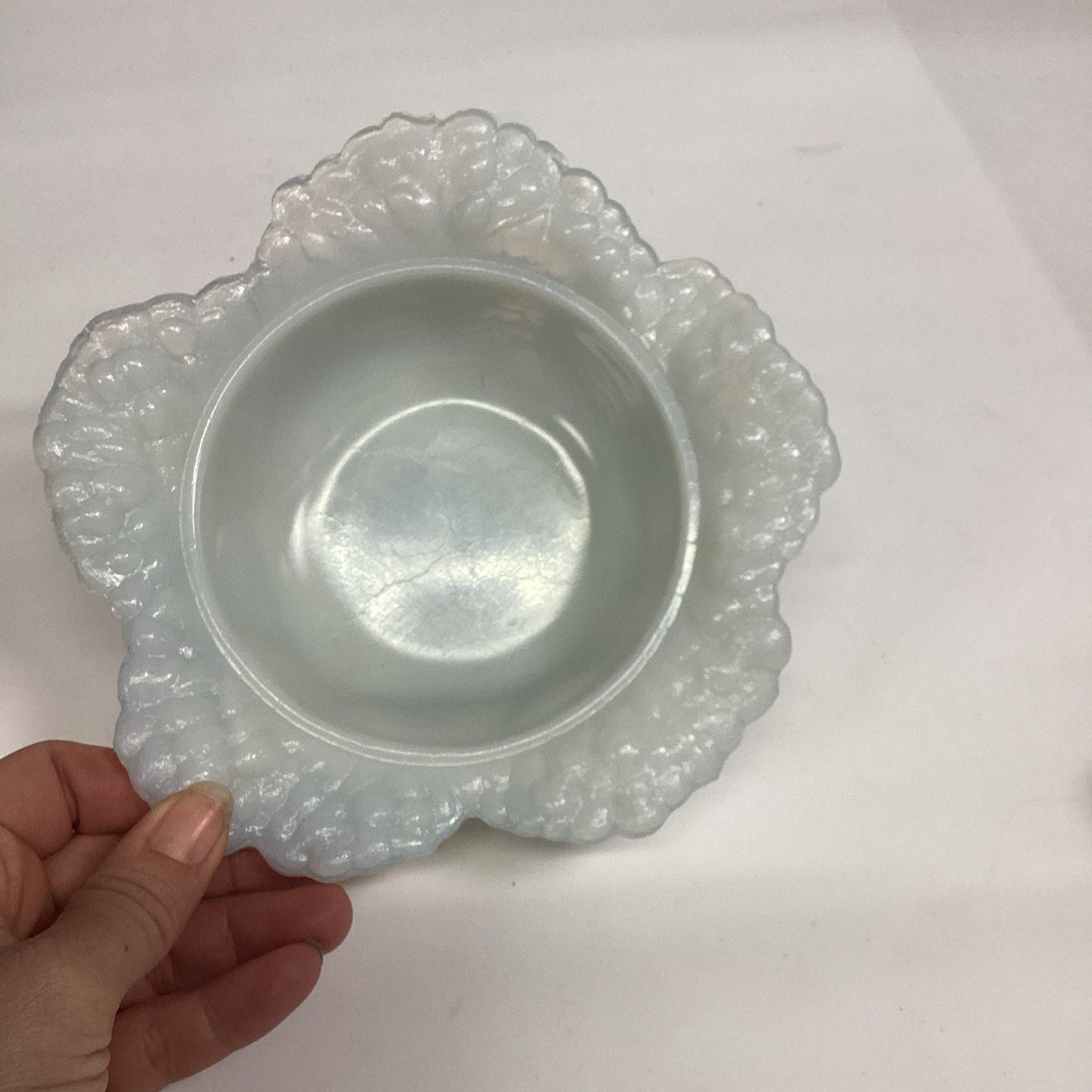 Antique Portieux Vallerysthal White Milk Glass Cabbage Leaf Candy Dish