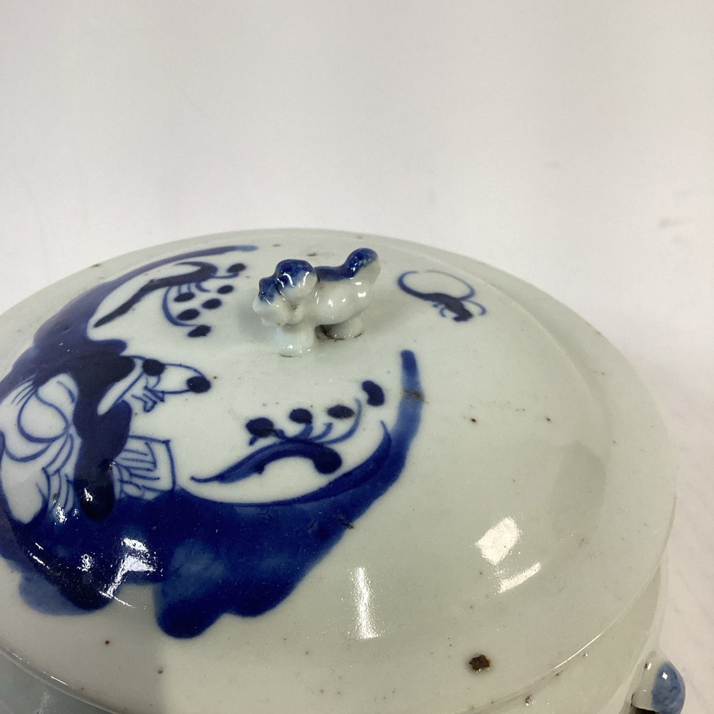 Antique 1851-1861 Chinese Blue And White Porcelain Kamcheng Covered Jar Qing Dyn