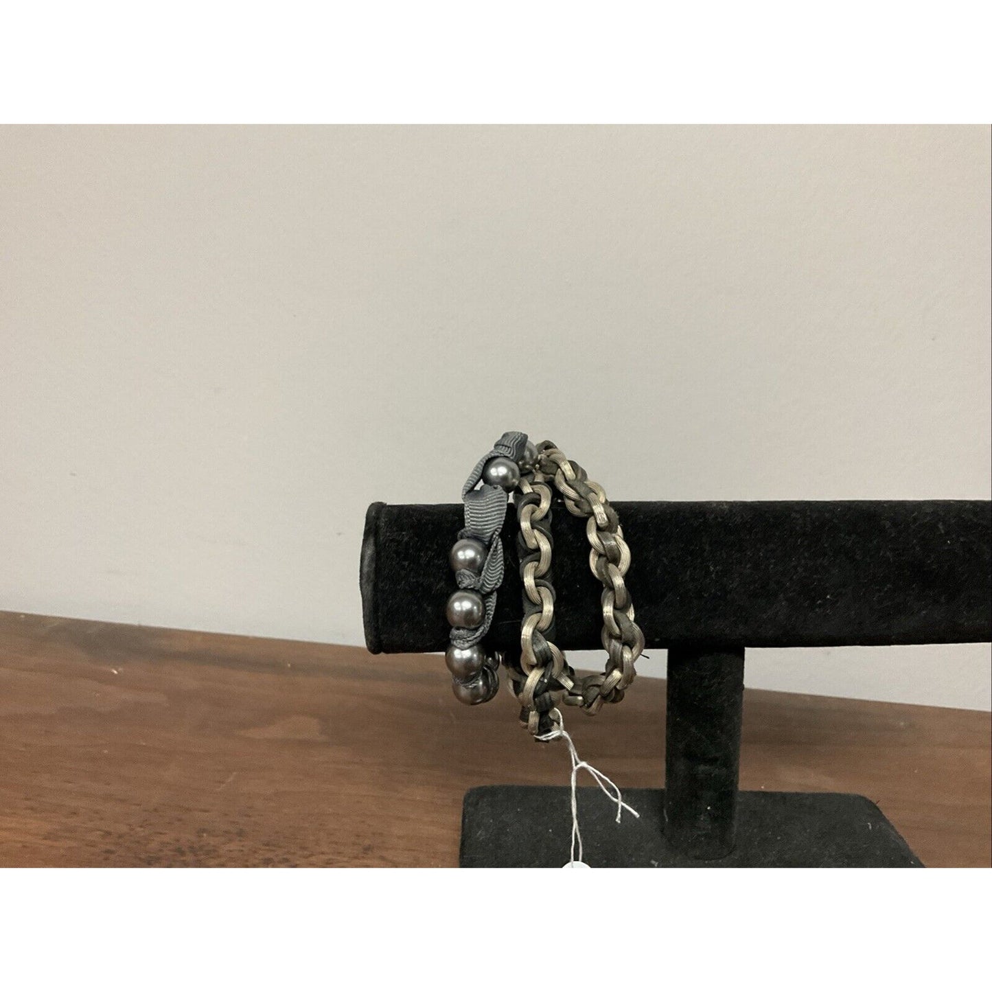 Beaded Bracelet With Silver Chain, Ribbon And Leather Throughout 8”