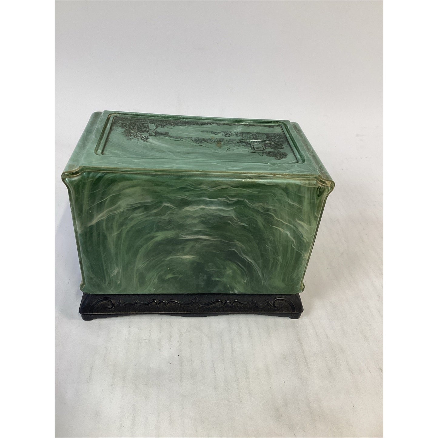 Vintage Green Marbled Celluoid Chinese Style Jewelry Box 3-Drawer