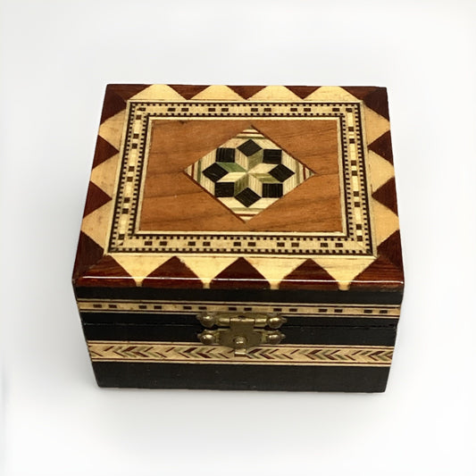 Vintage Lacquered Wood Box Trinket Mosaic Jewelry Stash 2 7/8x2.5x1.75”