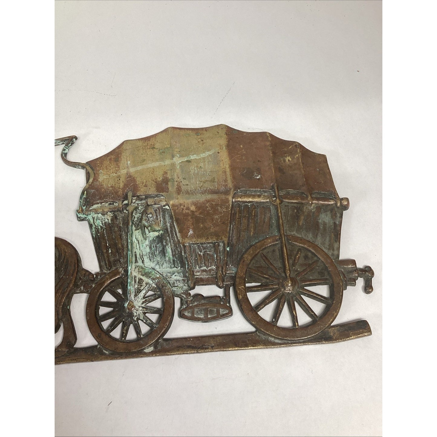 Vintage Cast Iron Horses Pulling Covered Wagon - European Conestoga Wagon Plaque