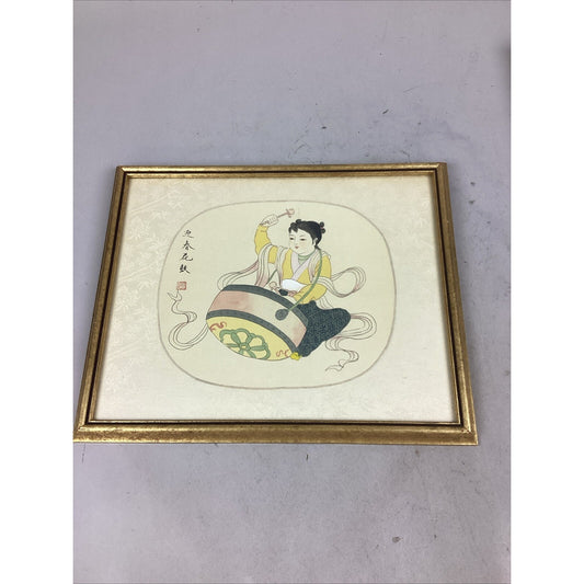 Antique Chinese Watercolor Painting On Silk - Girl Playing Drums