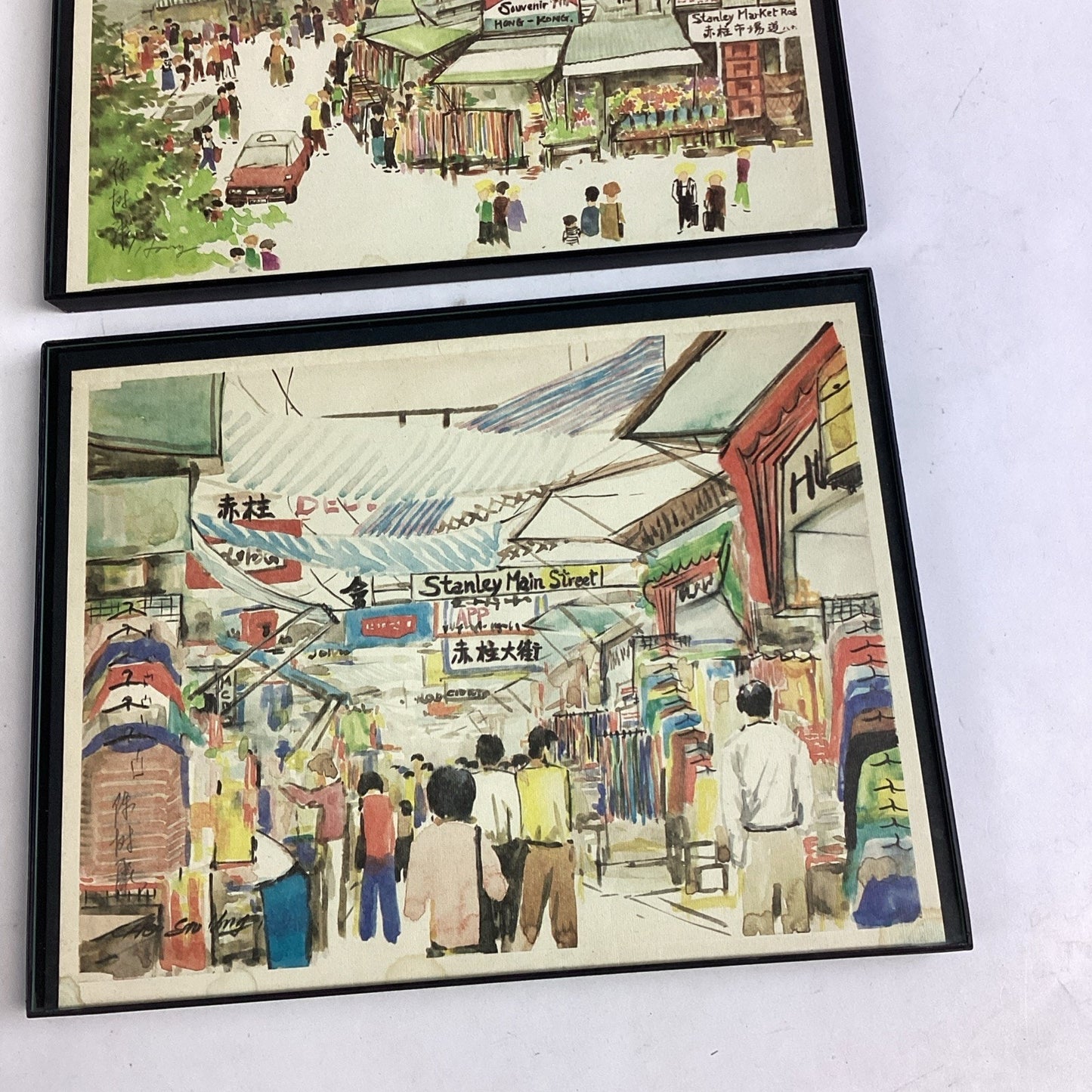 2 Japanese Watercolor Pictures- Hong Kong Souvenir & Stanley Main Street 11x8.5”