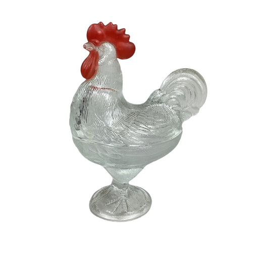 Vintage Glass Rooster Candy Dish With Lid On Pedestal - 8.5”Hx7”L