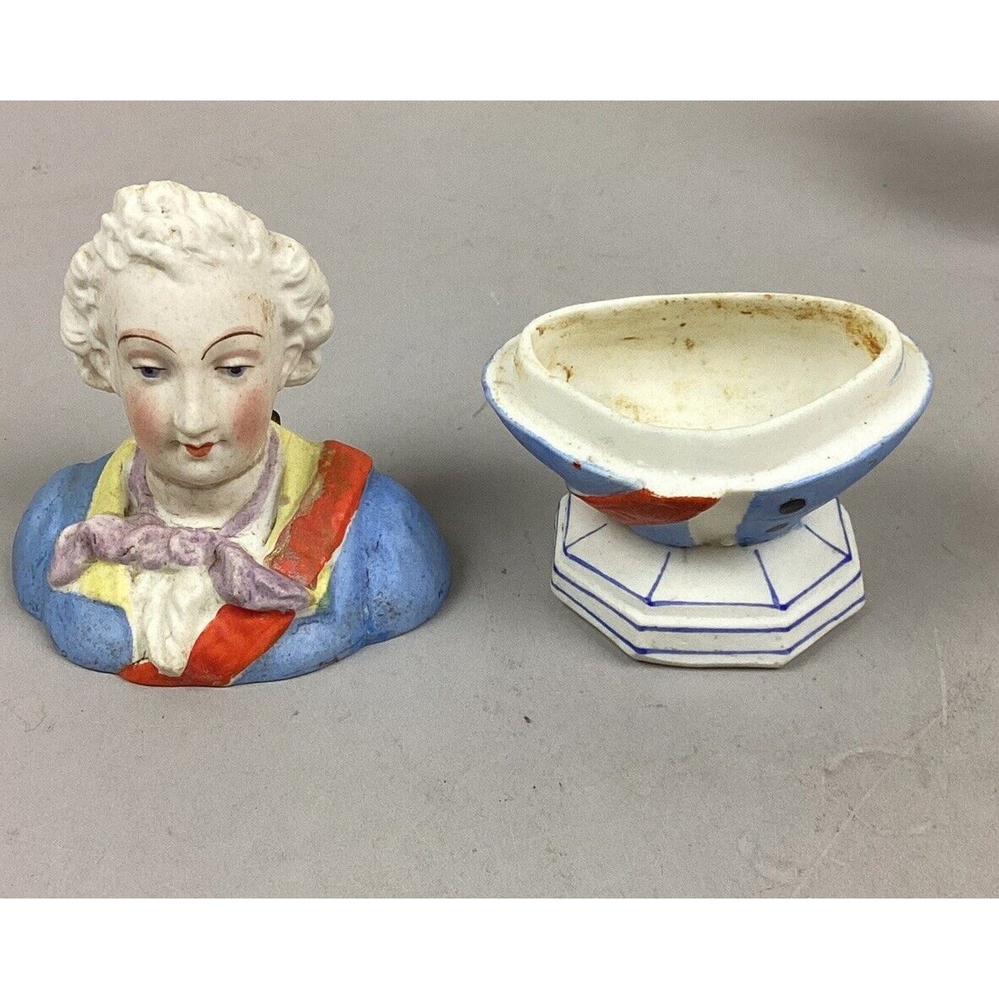 Antique German Porcelain Figurines - Man & Busty Lady Trinket Or Jewelry Box