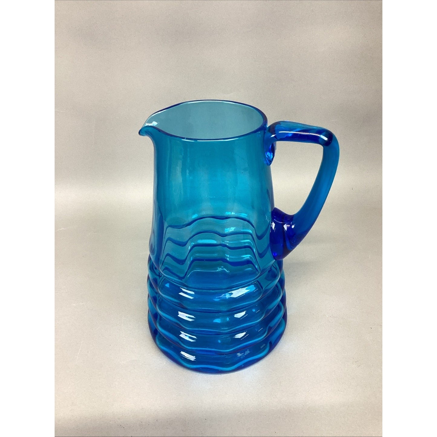 Vintage Art Glass Blue Water Jug Pitcher W/ Handle - 10.5”H