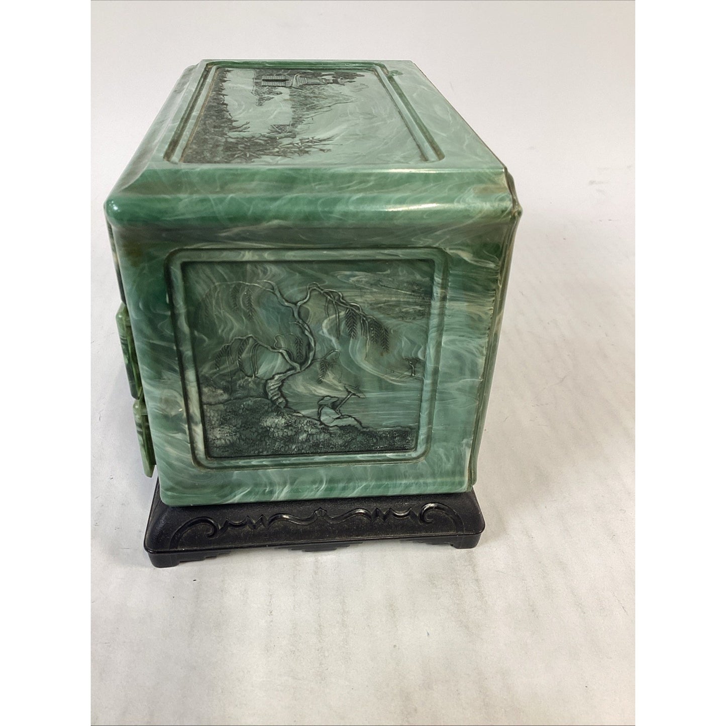 Vintage Green Marbled Celluoid Chinese Style Jewelry Box 3-Drawer