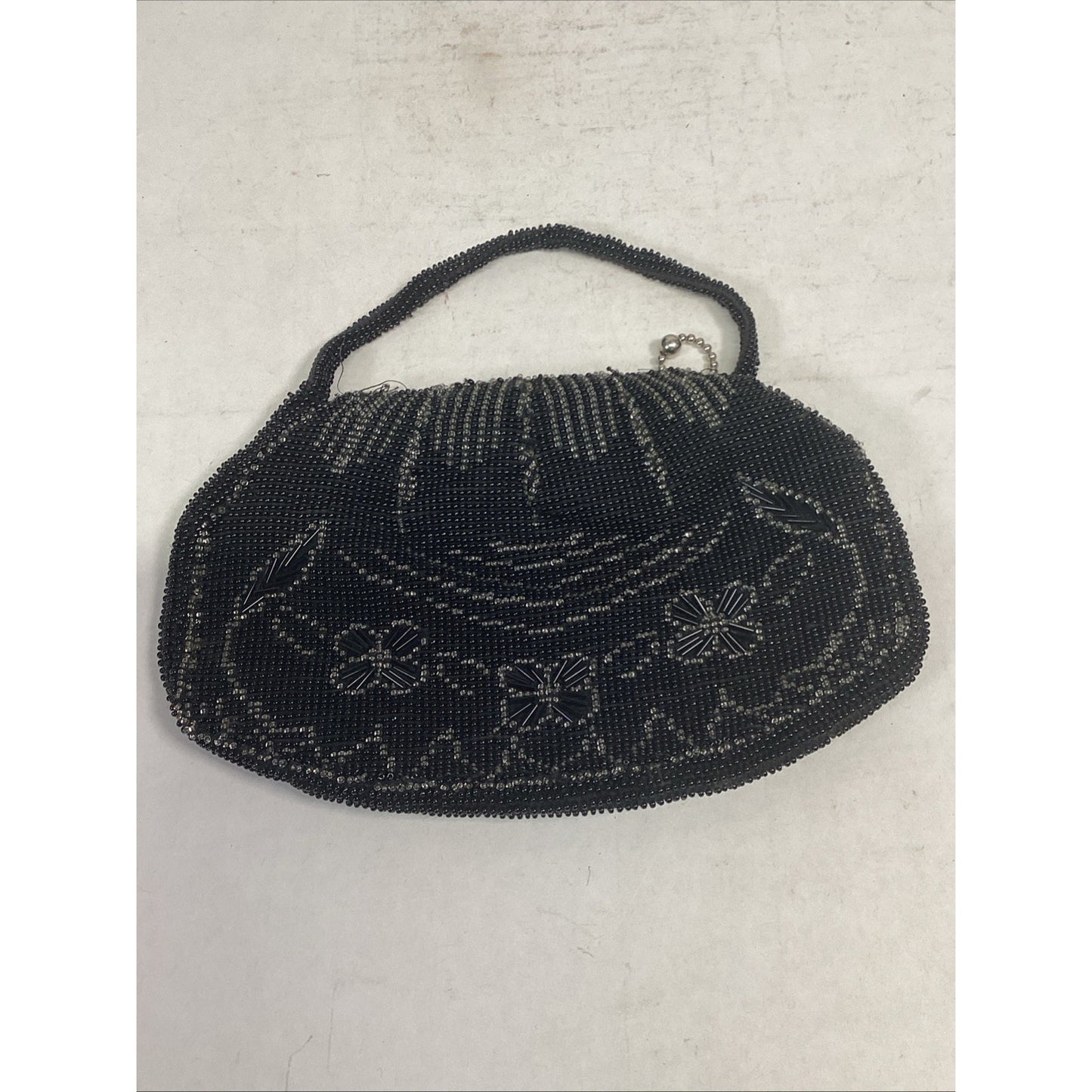 Antique Beaded Black Floral Purse Clutch - Made In Czechoslovakia