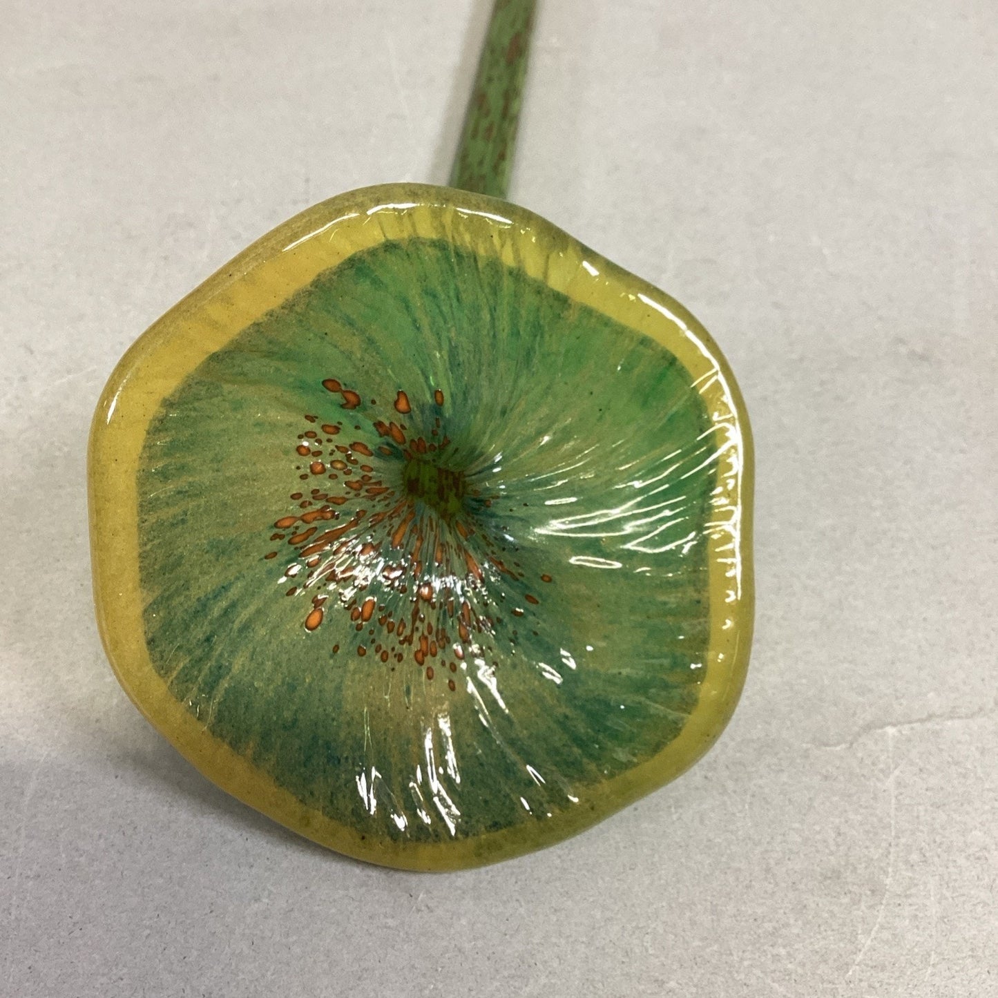 Handblown Yellow Green Red Glass Flower And Stem - 14”L