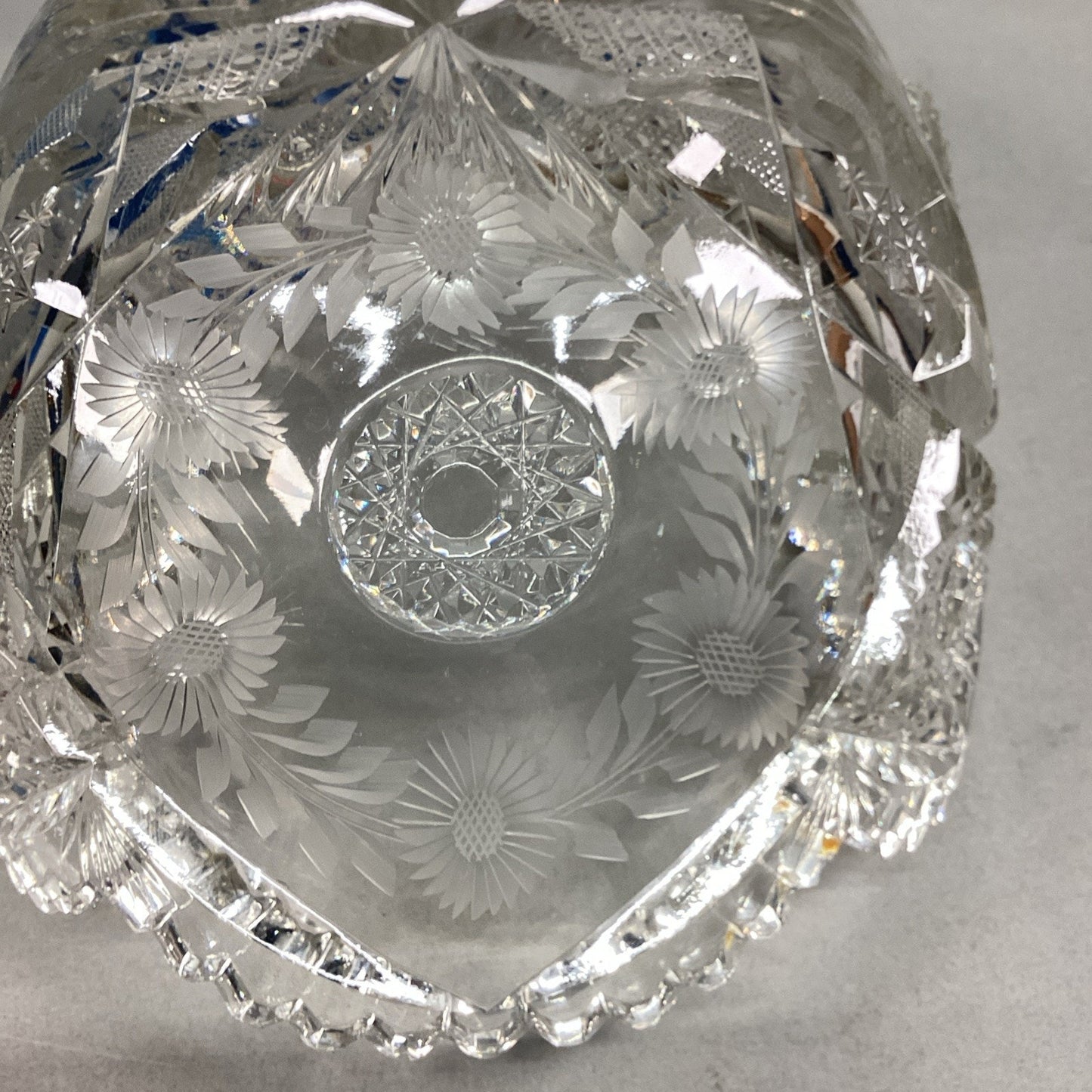Vintage Heavy Cut Glass Bowl With Sawtooth Edges - Floral & Sunburst - 11x7”