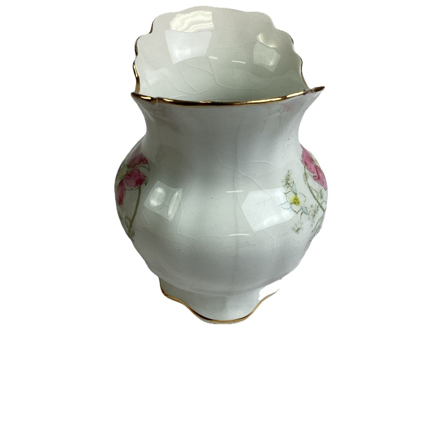 Vintage Homer Laughlin Floral Crackled Ceramic Porcelain Vase W/ Gold Trim