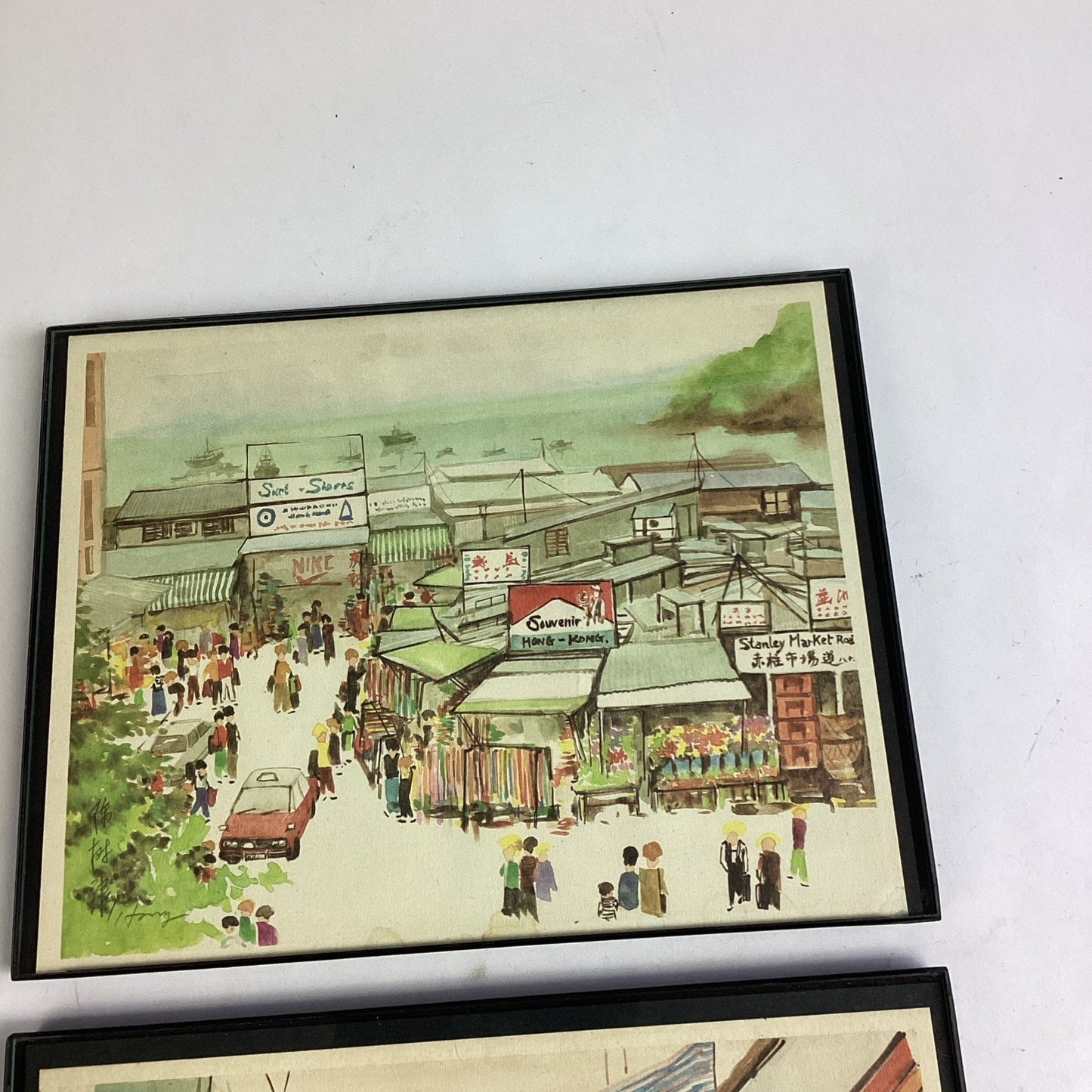 2 Japanese Watercolor Pictures- Hong Kong Souvenir & Stanley Main Street 11x8.5”