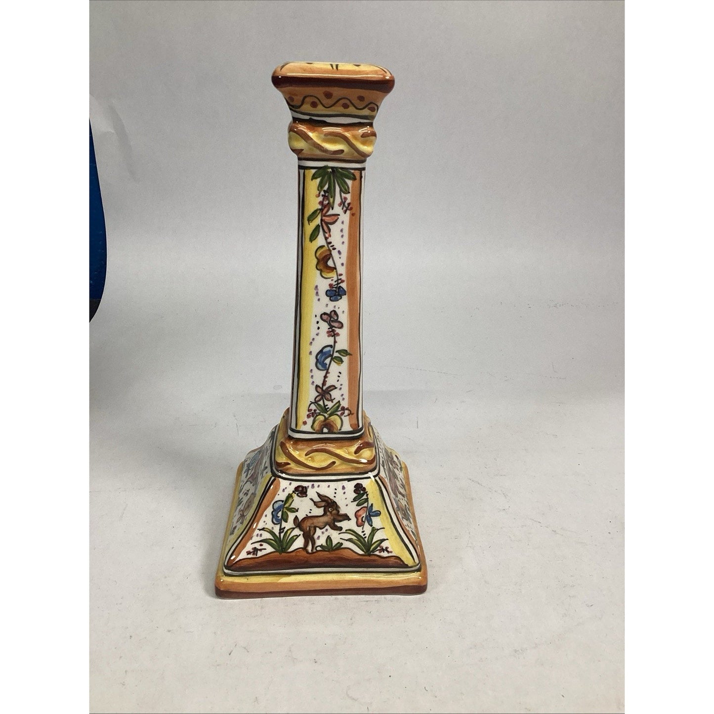 Portuguese Majolica Holu Candlestick W/ Bunnies, Birds And Flowers