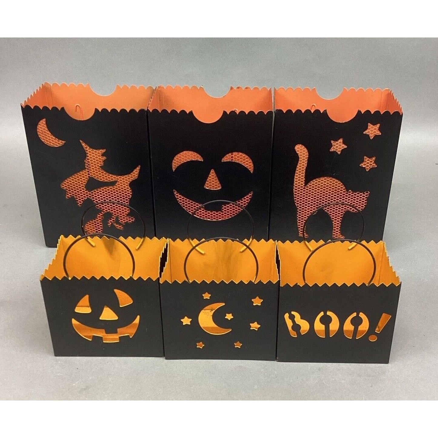 Set Of 6 Halloween Luminaries Lanterns & 3 Orange Candle Holders