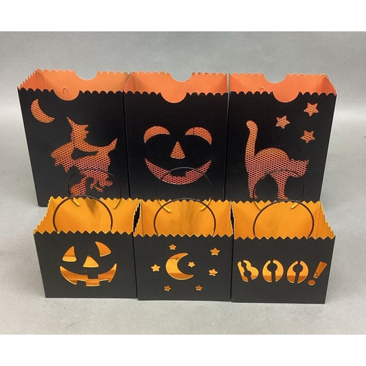 Set Of 6 Halloween Luminaries Lanterns & 3 Orange Candle Holders