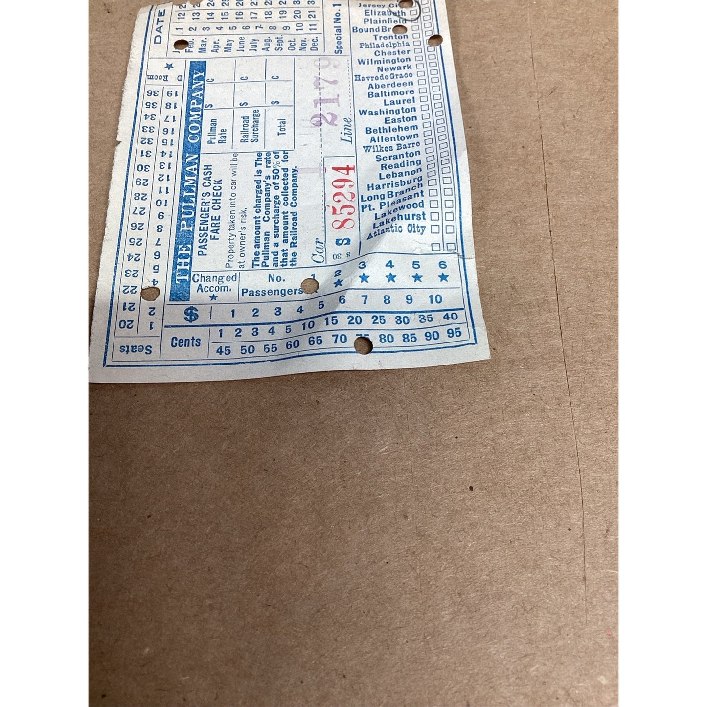VTG The Pullman Company Passengers Cash Fare Check #85294 To Philadelphia