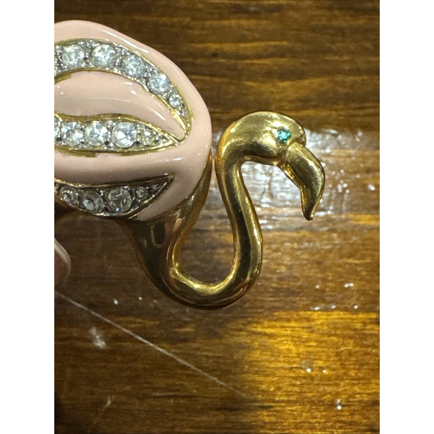 Vintage Flamingo Bird Pin Brooch Pink Enamel Gold Tone Figural Jewelry Green Eye