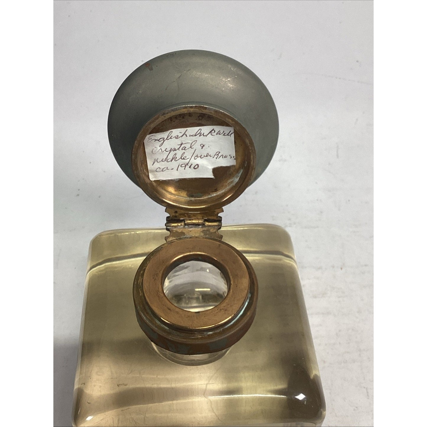 Antique Large 1910 English Glass Inkwell - Crystal & Nickel Over Brass