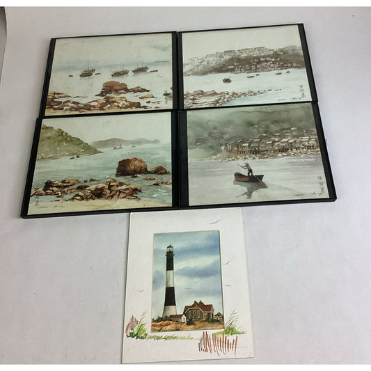 Lot Of 4 Chinese Watercolor Paintings And 1 Lighthouse Print