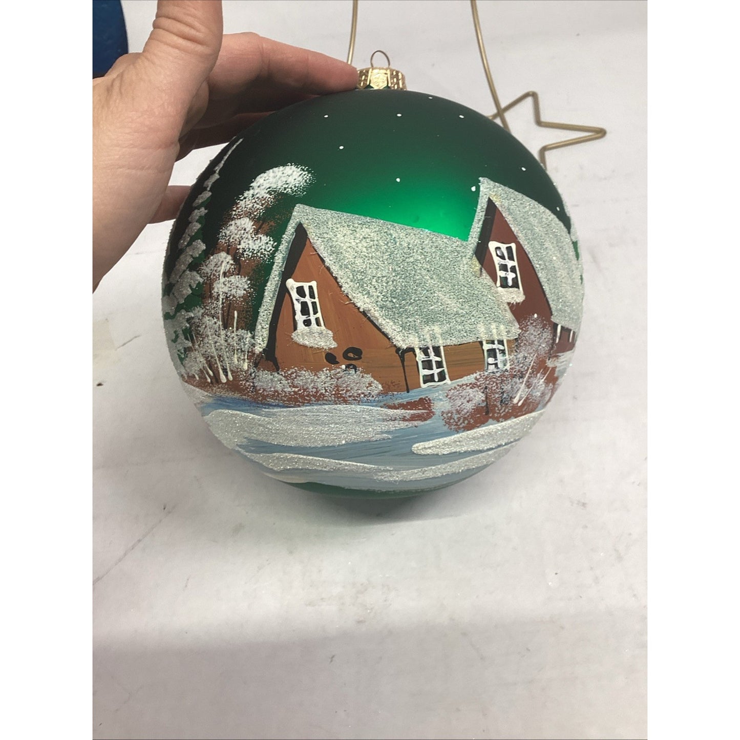 2 Hand Painted Snowy Cabins Glass Ball Ornaments With Ornament Hangers - 7”D
