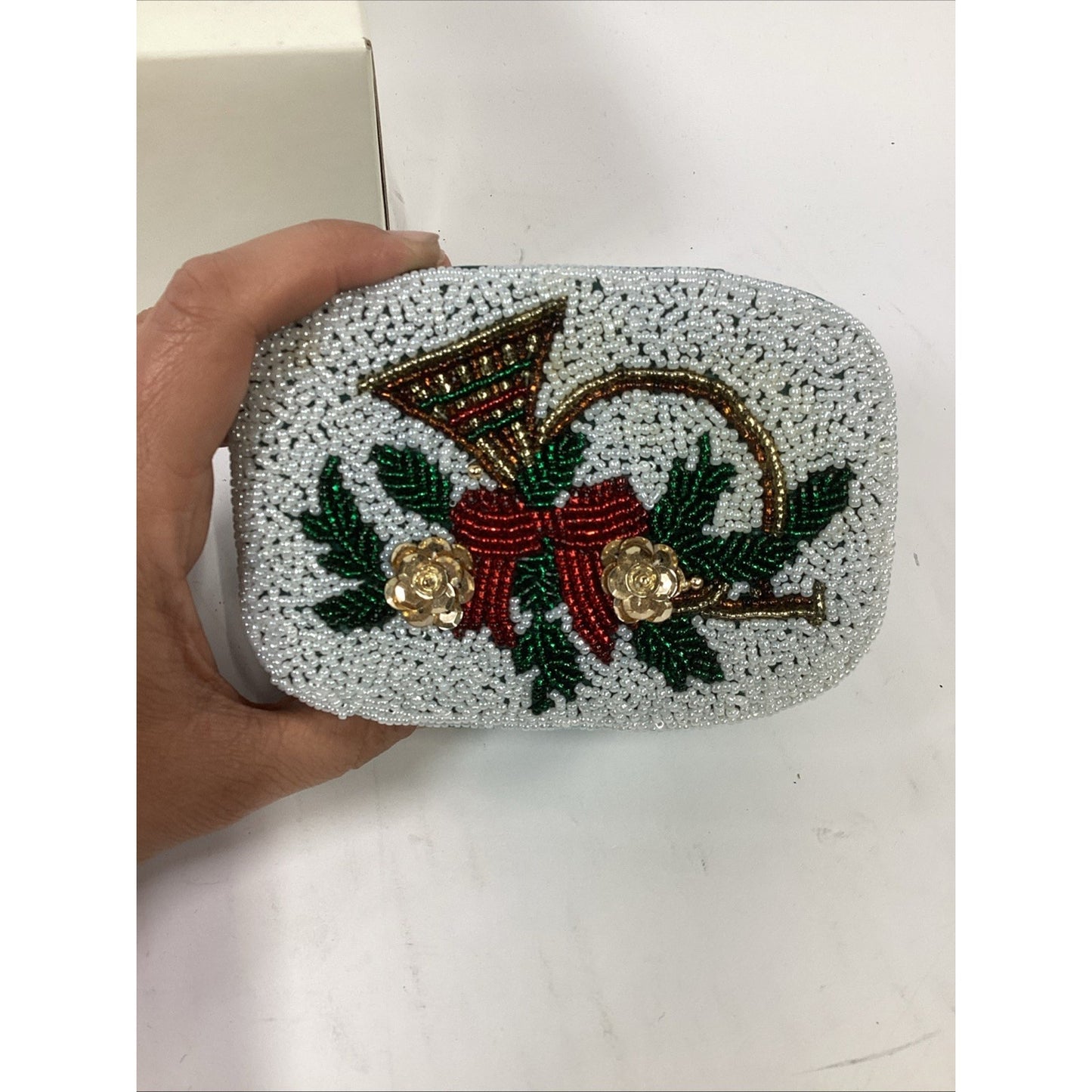Vintage Sealfons Christmas Beaded Trinket Keepsake Box W/ Lid & Original Box