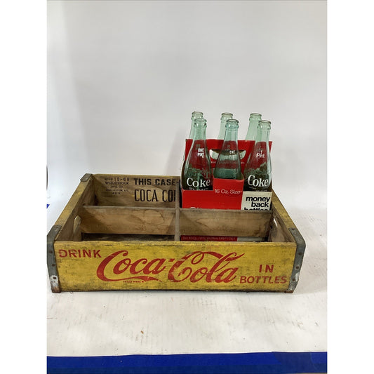 Vintage 1968 Wooden Coca Cola Yellow Wood Crate W/ 6 Bottles In Holder - SC