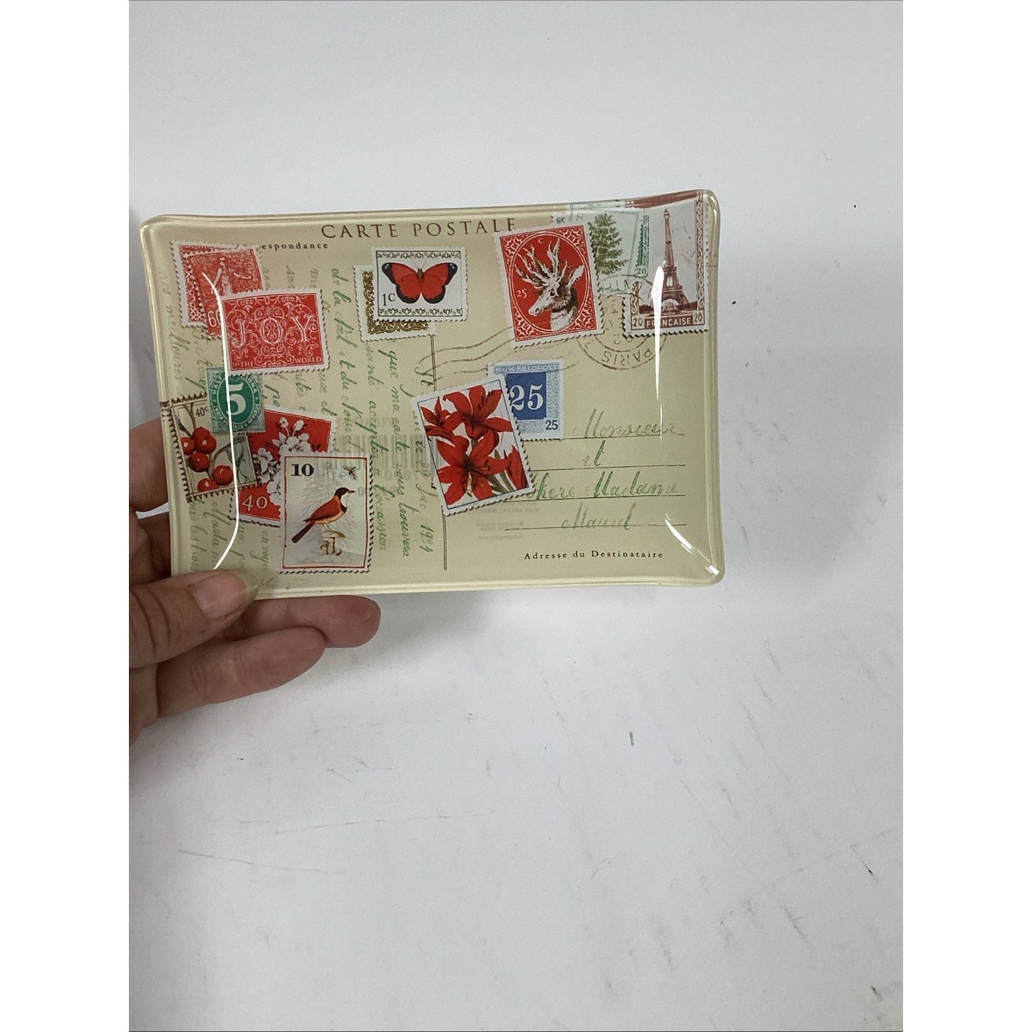 Fringe Studio Postcard Glass Trinket Tray Dish Small 4" x 6" Foreign Stamps