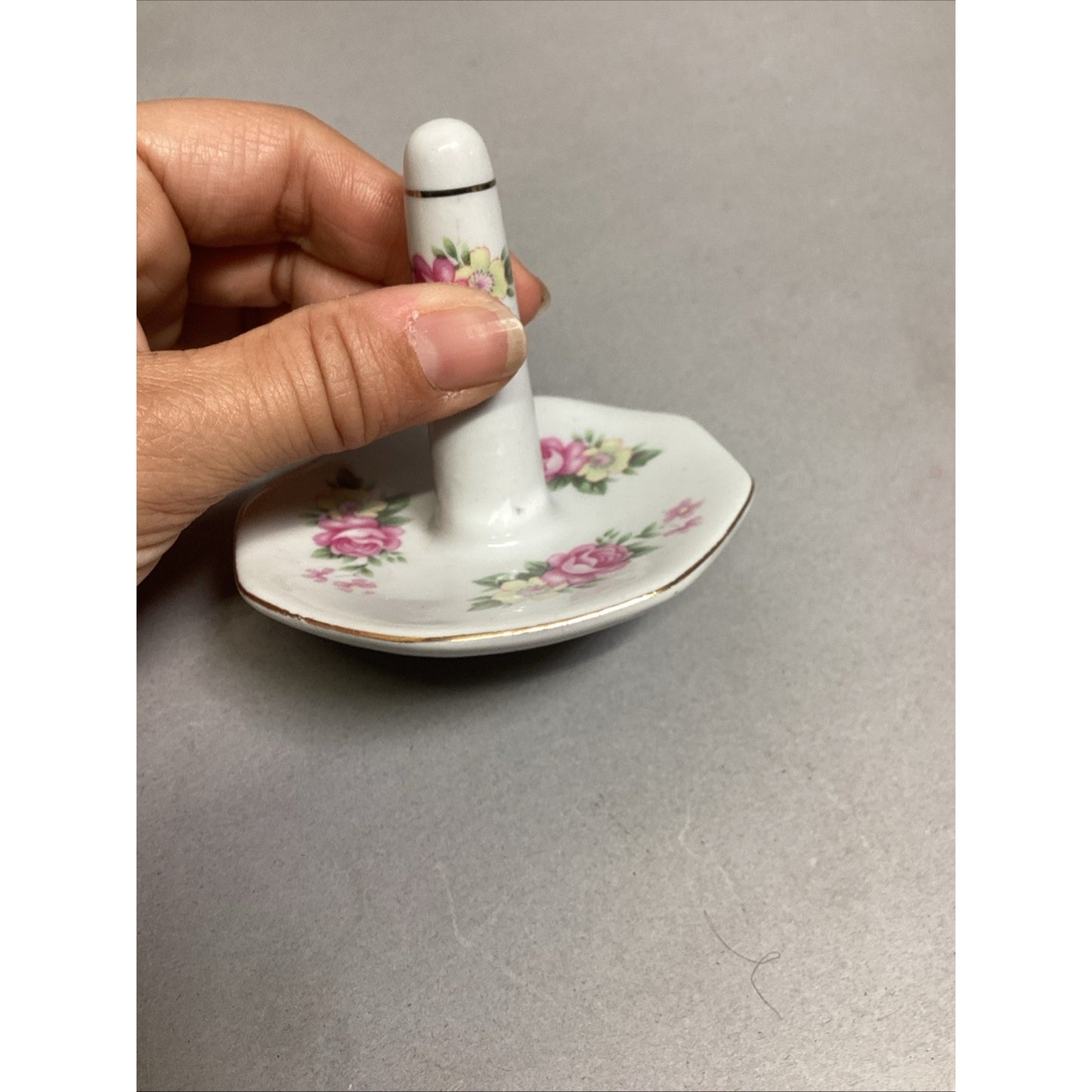 Vintage Porcelain Ring Holder Trinket Dish Pink & Yellow Flowers & Gold Trim