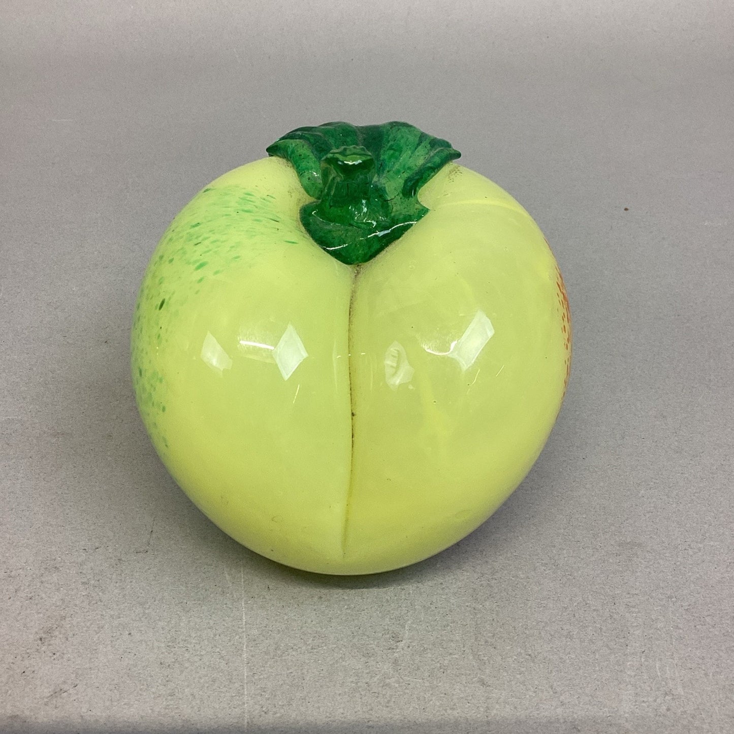 Hand-Blown Yellow Glass Apple Paperweight With Green Leaf & Stem