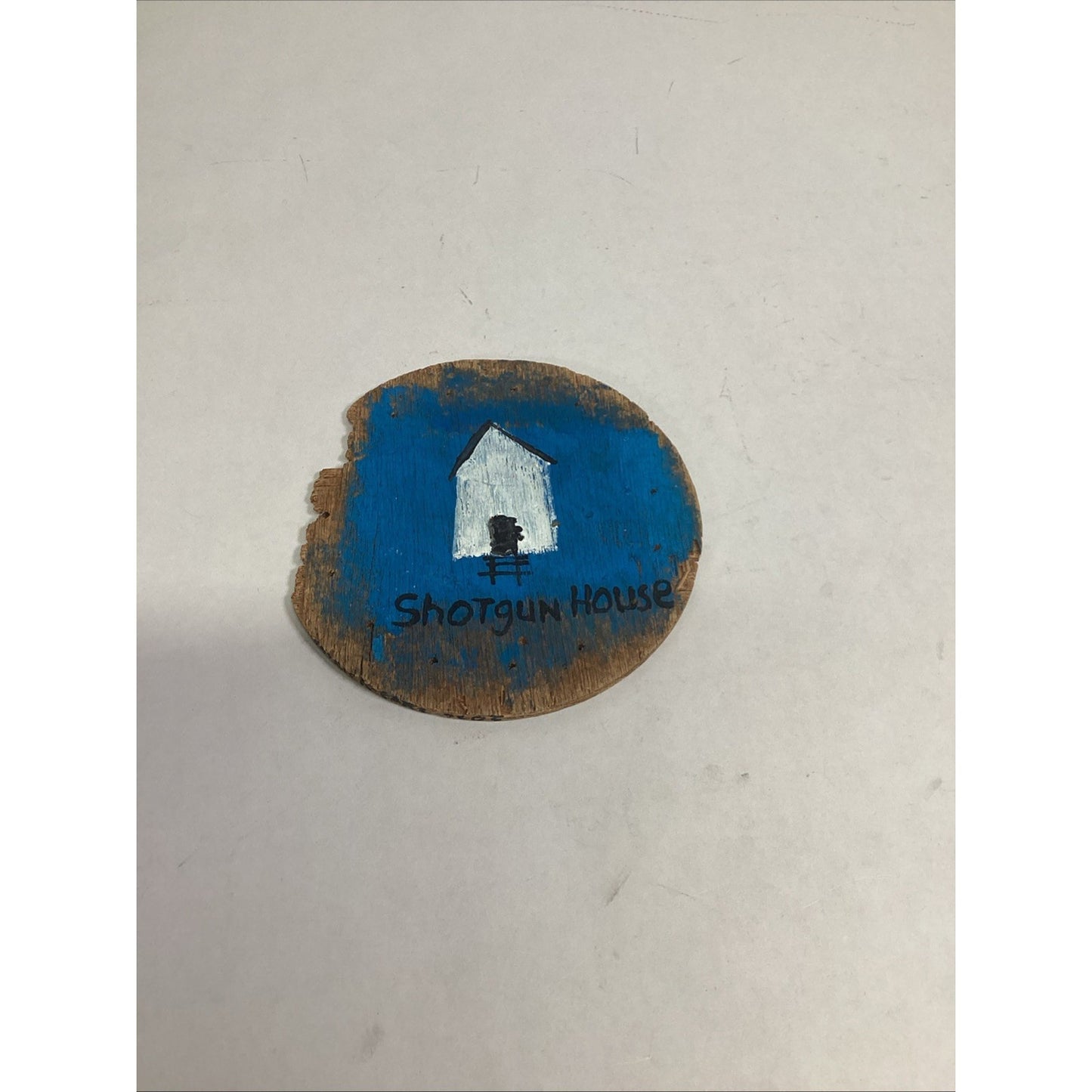 Handmade Folk Art Painting Of A Shotgun House On A Rustic Wooden Disc