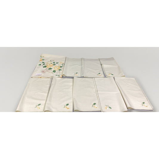 Vintage Hand Embroidery Broderie A La Main Floral Tablecloth & Napkins Set 70x18