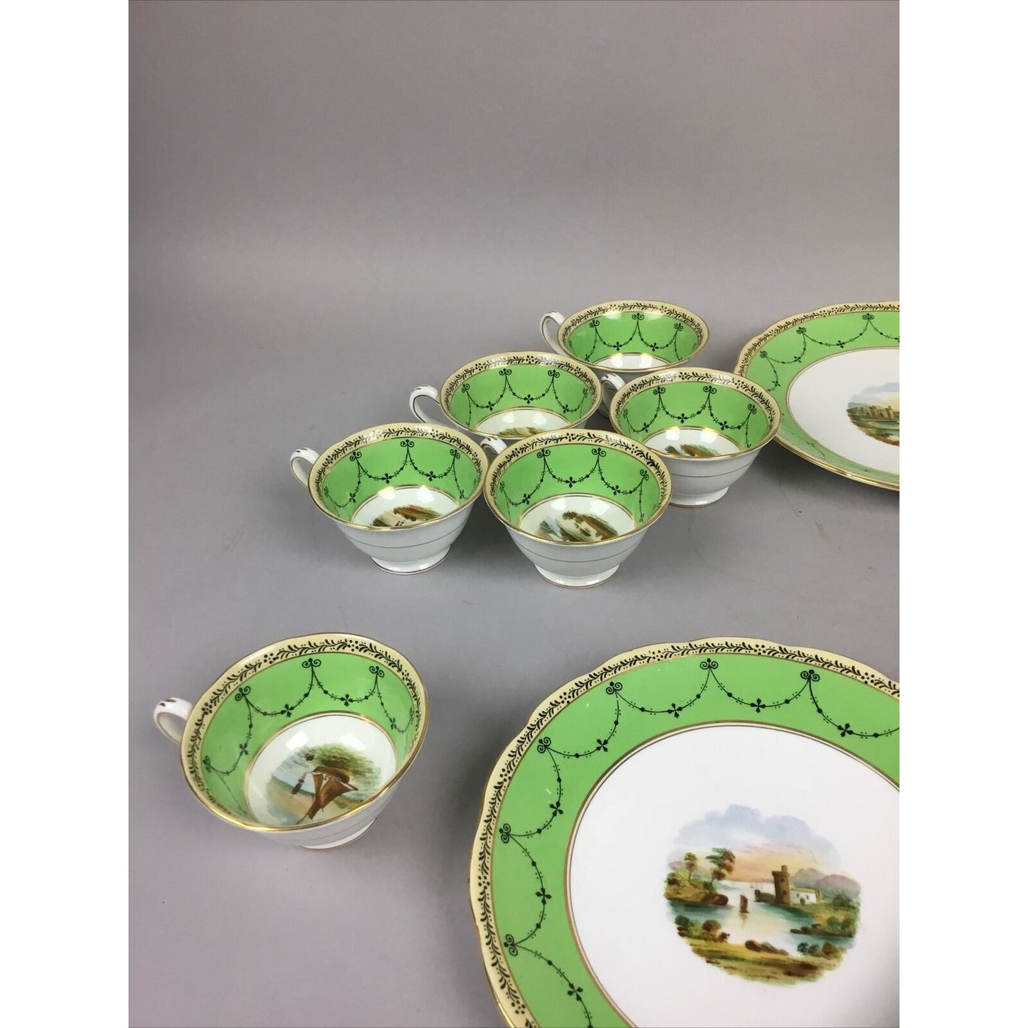 Grosvenor Ye Old Cups, Plates, Saucers green. Jackson and Gosling Co. Set of 15.