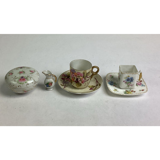 Set Of 6 Floral Ceramic/Porcelain Lidded Trinket Dish, Creamer, Cups/Saucers
