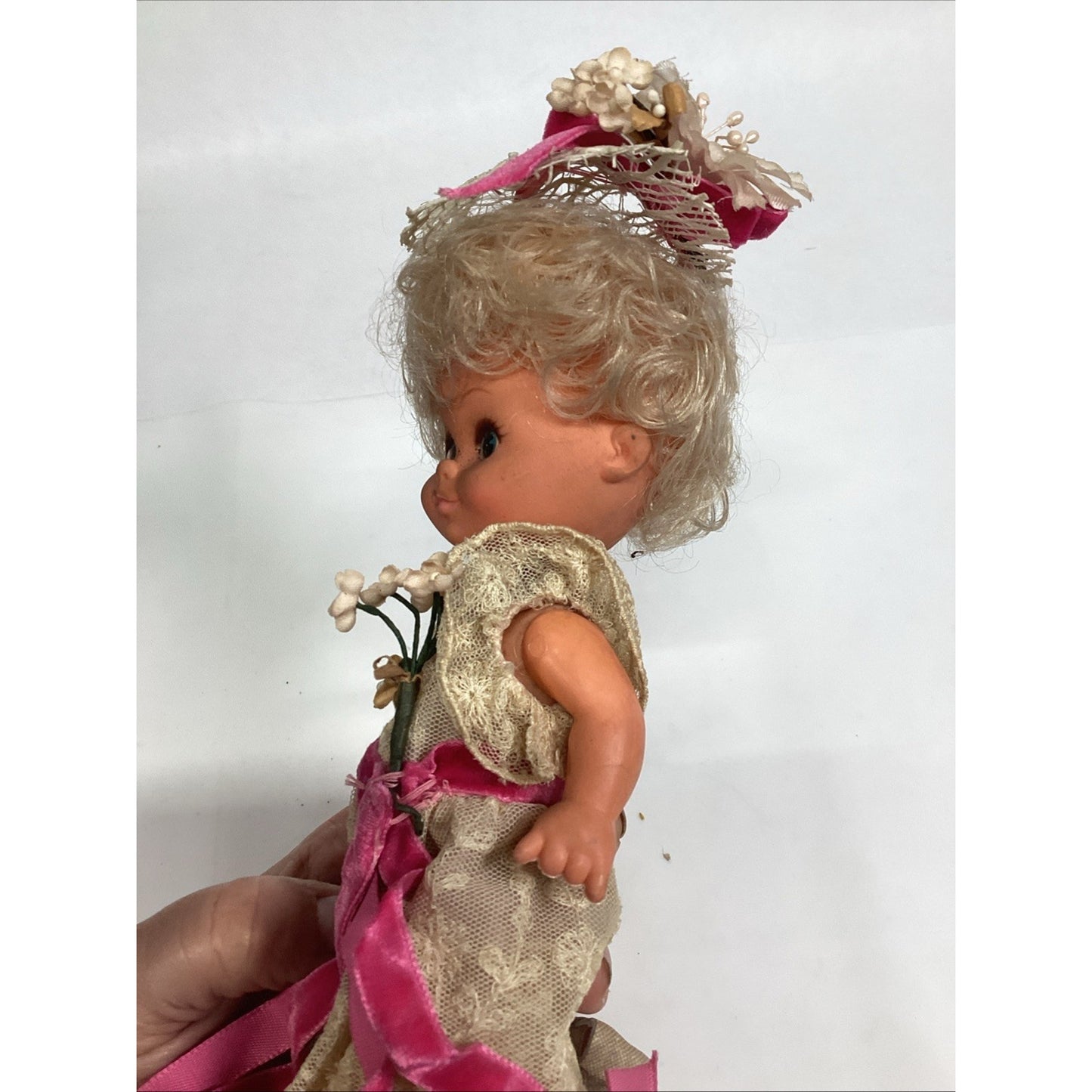 Vintage 1970’s Victorian Southern Belle W/ Lace Gown & Bonnet Made In Hong Kong