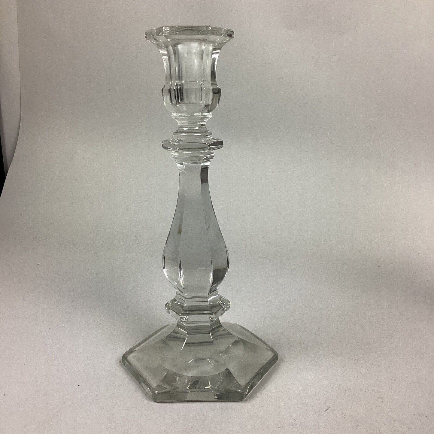 Set Of 2 Candle Stick Holders Clear Glass Crystal Heavy Hex Base - 11”H